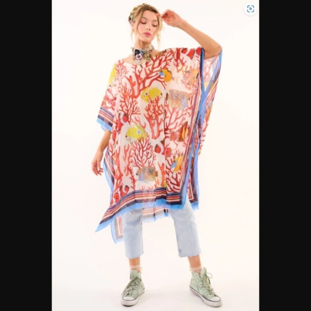 Aratta Sea Of Belief Embellised Beaded Fish, Coral Kimono Coverup one size